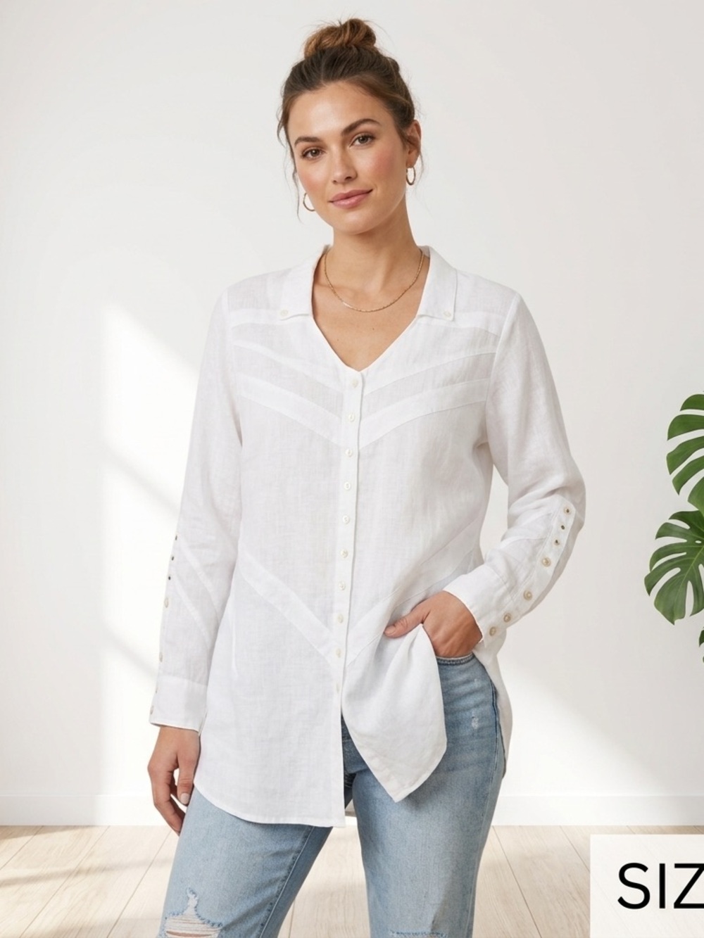 Soft Surroundings White 100% Linen Button Down Shirt Large L Long Sleeve Blouse